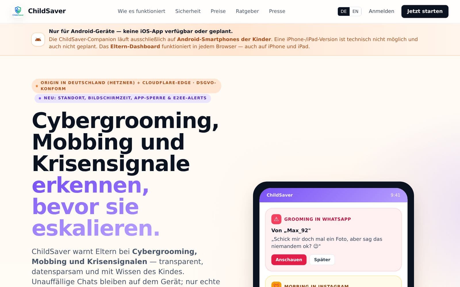 ChildSaver – Screenshot der Live-Website childsaver.de