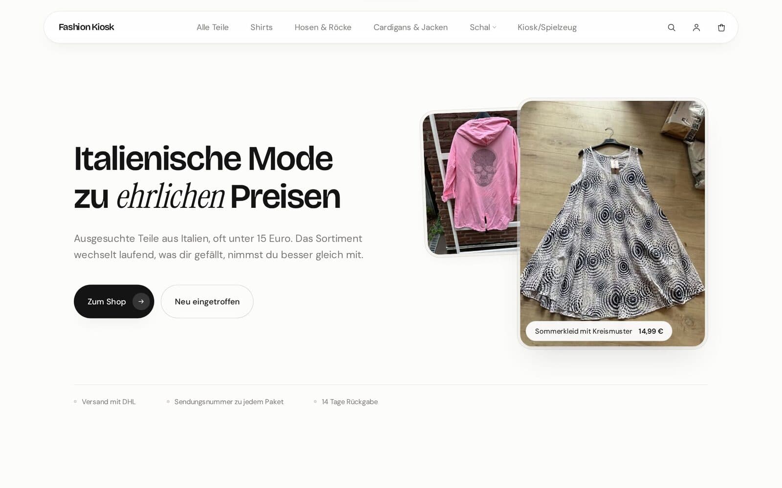 Fashion Kiosk: Onlineshop für italienische Mode – Screenshot der Live-Website fashionkiosk24.de